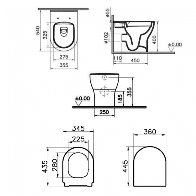 Prestige Eklipse Round Rimless Back to Wall Toilet - Soft Close Seat  | Dimension Image