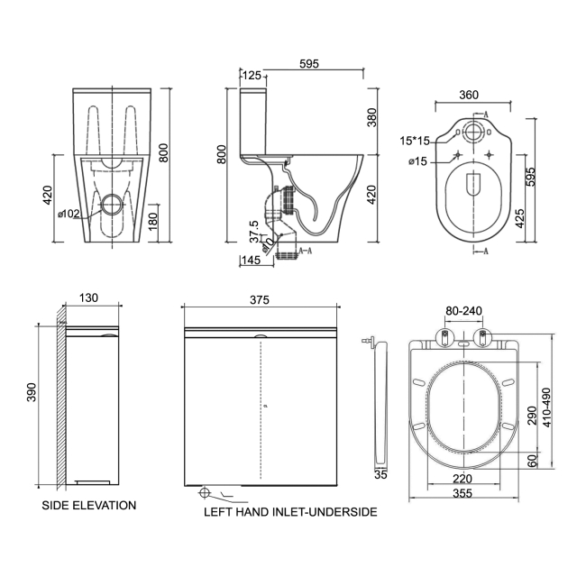 Prestige Kameo Rimless Short Projection Close Coupled Toilet (inc Soft Close Seat)  | Dimension Image