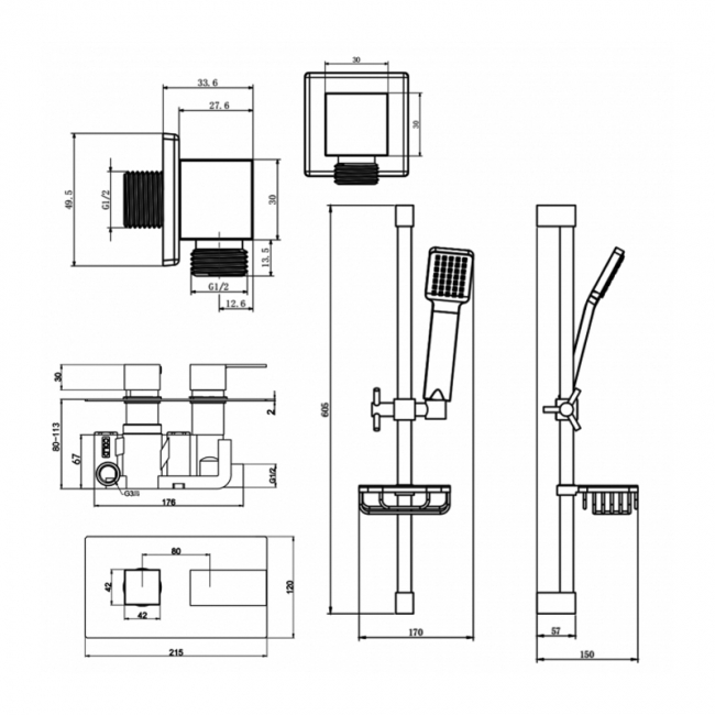 Prestige Element Option 1 Thermostatic Concealed Shower Valve with Adjustable Slide Rail Kit - Chrome