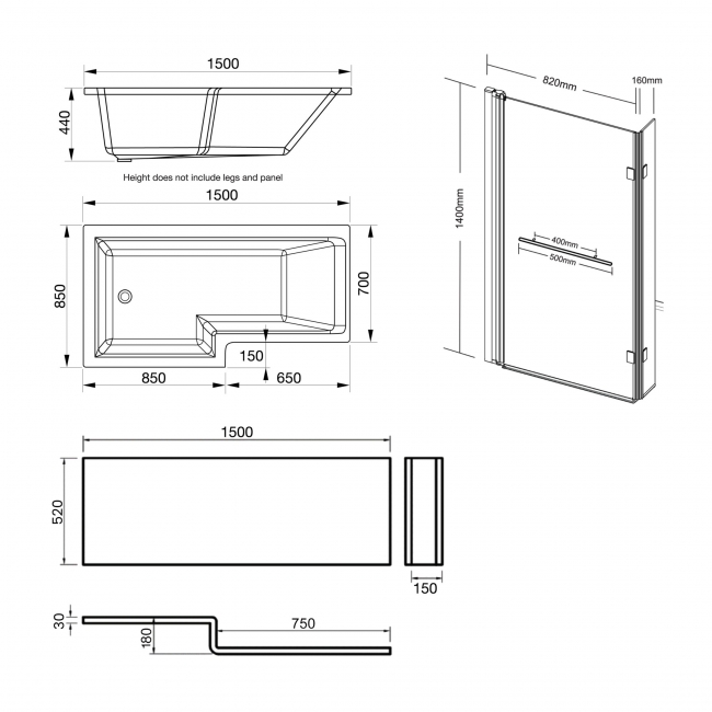 Prestige Elite L-Shaped Left Handed Shower Bath 1500mm x 850mm with Towel Bar Bath Screen and Front Panel  | Dimension Image