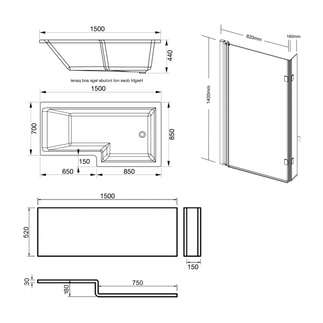 Prestige Elite L-Shaped Left Handed Shower Bath 1500mm x 850mm with Bath Screen and Front Panel