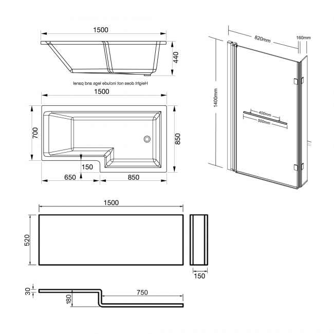 Prestige Elite L-Shaped Right Handed Shower Bath 1500mm x 850mm with Towel Bar Bath Screen and Front Panel  | Dimension Image