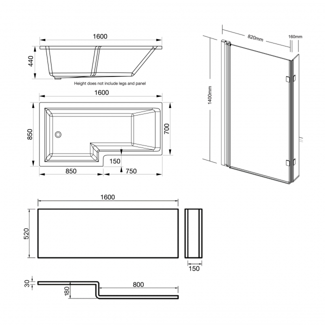 Prestige Elite L-Shaped Left Handed Shower Bath 1600mm x 850mm with Bath Screen and Front Panel  | Dimension Image