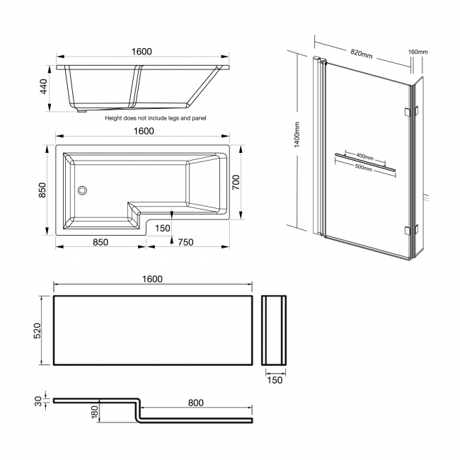 Prestige Elite L-Shaped Left Handed Shower Bath 1600mm x 850mm with Towel Bar Bath Screen and Front Panel  | Dimension Image