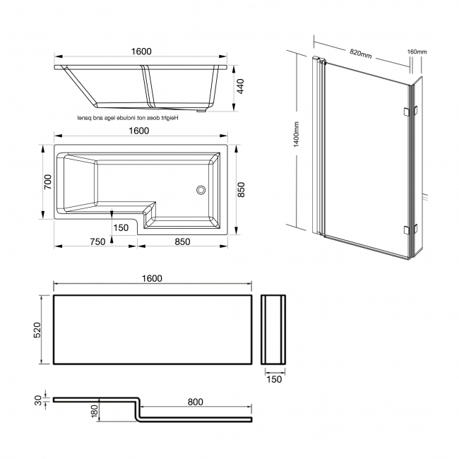 Prestige Elite L-Shaped Right Handed Shower Bath 1600mm x 850mm with Bath Screen and Front Panel  | Dimension Image
