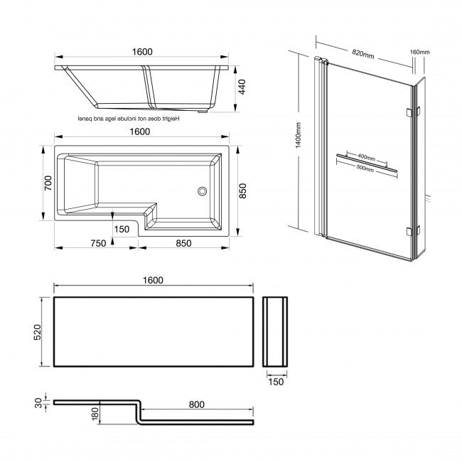 Prestige Elite L-Shaped Right Handed Shower Bath 1600mm x 850mm with Towel Bar Bath Screen and Front Panel  | Dimension Image