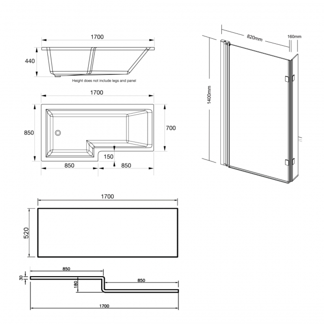 Prestige Elite L-Shaped Left Handed Shower Bath 1700mm x 850mm with Bath Screen and Front Panel  | Dimension Image