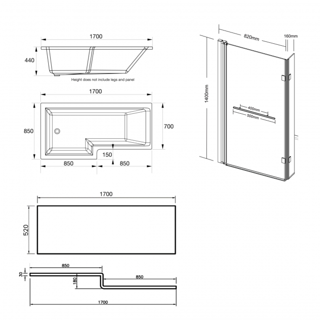 Prestige Elite L-Shaped Left Handed Shower Bath 1700mm x 850mm with Towel Bar Bath Screen and Front Panel  | Dimension Image
