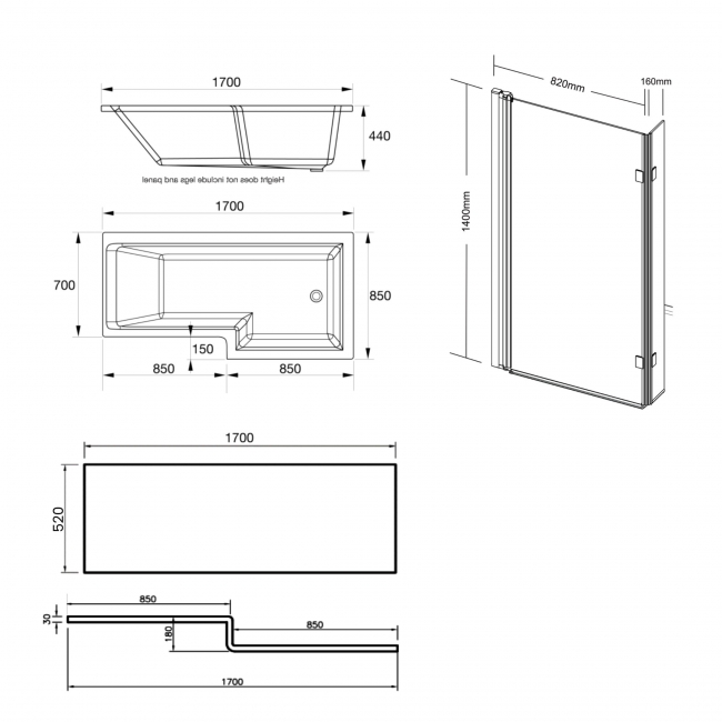 Prestige Elite L-Shaped Right Handed Shower Bath 1700mm x 850mm with Bath Screen and Front Panel  | Dimension Image