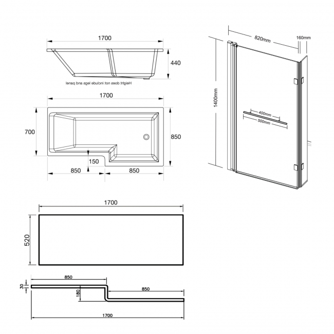 Prestige Elite L-Shaped Right Handed Shower Bath 1700mm x 850mm with Towel Bar Bath Screen and Front Panel  | Dimension Image