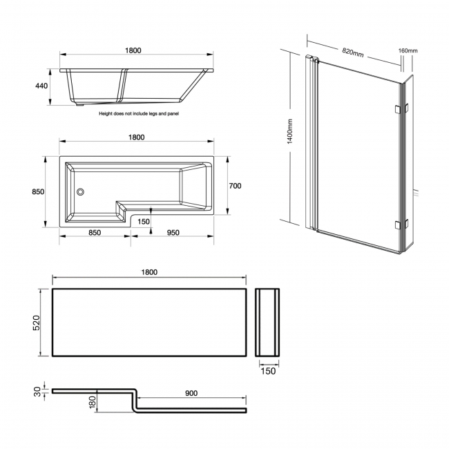 Prestige Elite L-Shaped Left Handed Shower Bath 1800mm x 850mm with Bath Screen and Front Panel