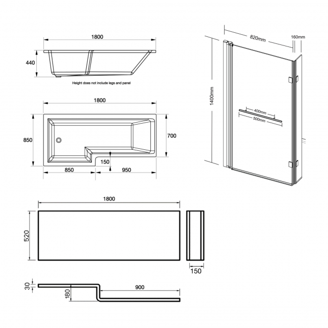 Prestige Elite L-Shaped Left Handed Shower Bath 1800mm x 850mm with Towel Bar Bath Screen and Front Panel  | Dimension Image