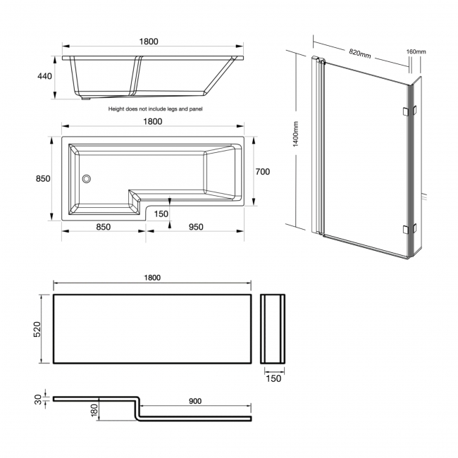 Prestige Elite L-Shaped Right Handed Shower Bath 1800mm x 850mm with Bath Screen and Front Panel