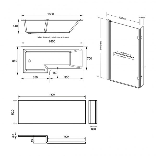 Prestige Elite L-Shaped Right Handed Shower Bath 1800mm x 850mm with Towel Bar Bath Screen and Front Panel  | Dimension Image