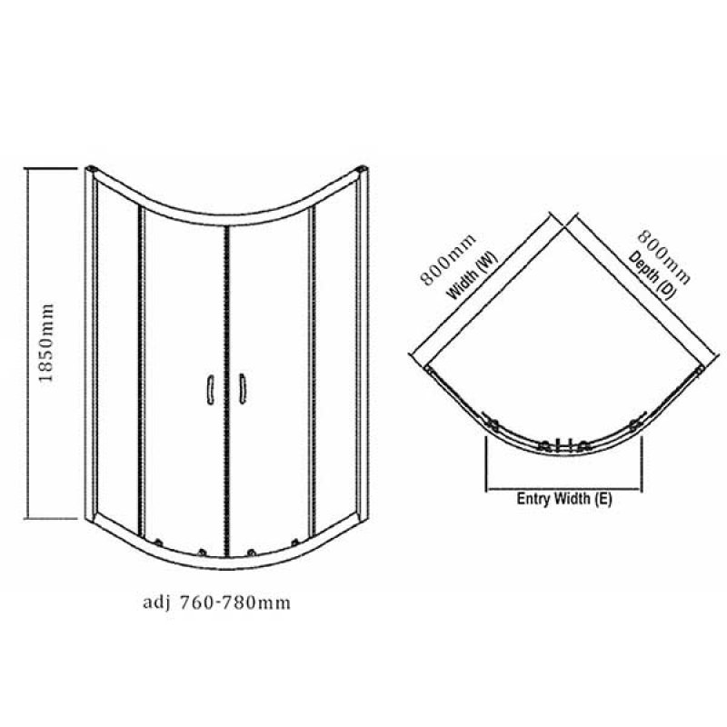 Prestige Koncept Quadrant Shower Enclosure 800mm x 800mm - 6mm Glass  | Dimension Image