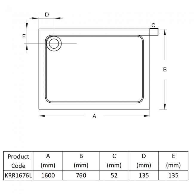 Prestige Foundation Stone Resin Rectangular Shower Tray 1600mm x 760mm  | Dimension Image