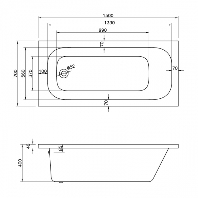 Prestige G4K Rectangular Acrylic Bath 1500mm x 700mm Single Ended  | Dimension Image