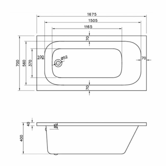 Prestige G4K Rectangular Acrylic Bath 1675mm x 700mm Single Ended  | Dimension Image