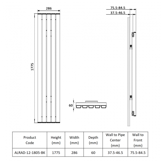 Prestige Hamilton Single Vertical Aluminium Radiator 1775mm H x 286mm W - Black  | Dimension Image