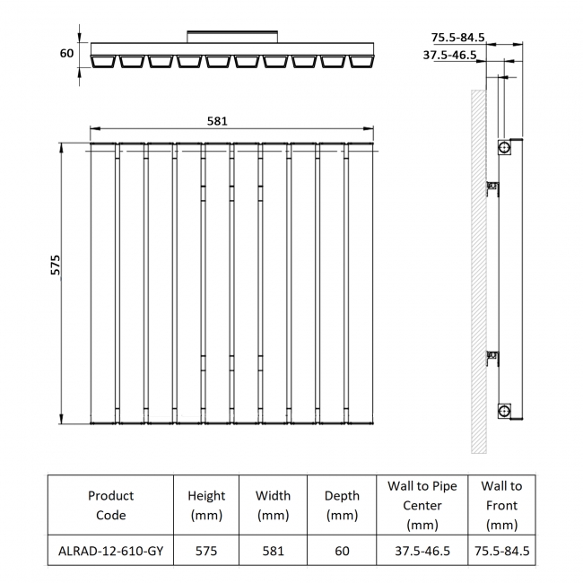 Prestige Hamilton Single Horizontal Aluminium Radiator 575mm H x 581mm W - Grey  | Dimension Image