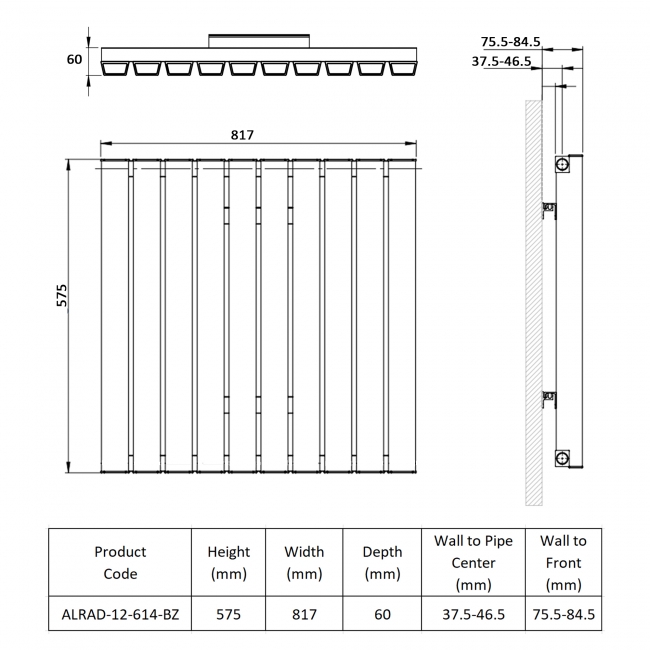 Prestige Hamilton Single Horizontal Aluminium Radiator 575mm H x 817mm W - Bronze  | Dimension Image