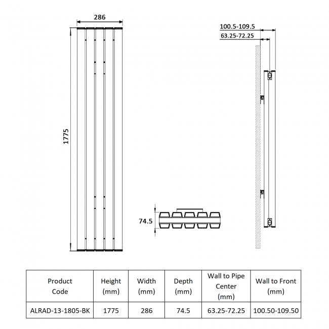 Prestige Hamilton Double Vertical Aluminium Radiator 1775mm H x 286mm W - Black  | Dimension Image