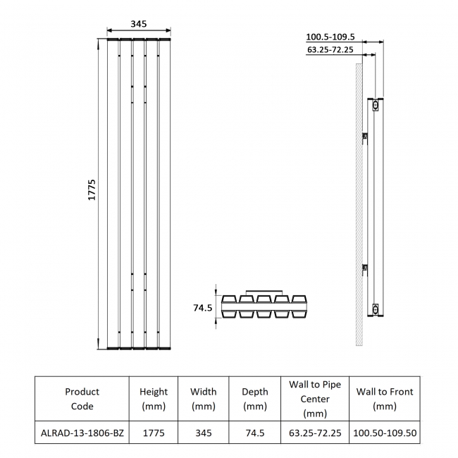 Prestige Hamilton Double Vertical Aluminium Radiator 1775mm H x 345mm W - Bronze  | Dimension Image