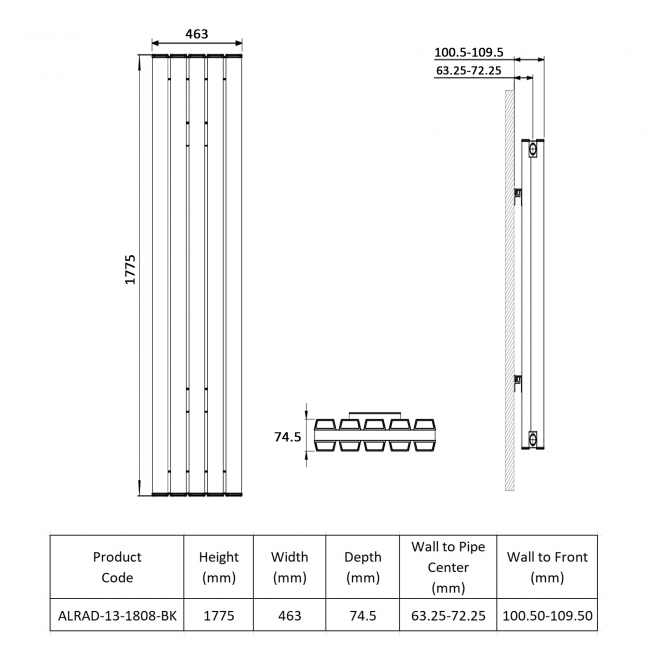 Prestige Hamilton Double Vertical Aluminium Radiator 1775mm H x 463mm W - Black  | Dimension Image