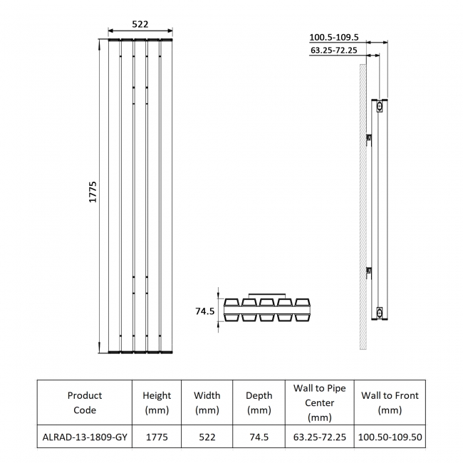 Prestige Hamilton Double Vertical Aluminium Radiator 1775mm H x 522mm W - Grey  | Dimension Image