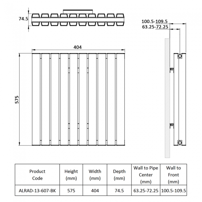 Prestige Hamilton Double Horizontal Aluminium Radiator 575mm H x 404mm W - Black  | Dimension Image