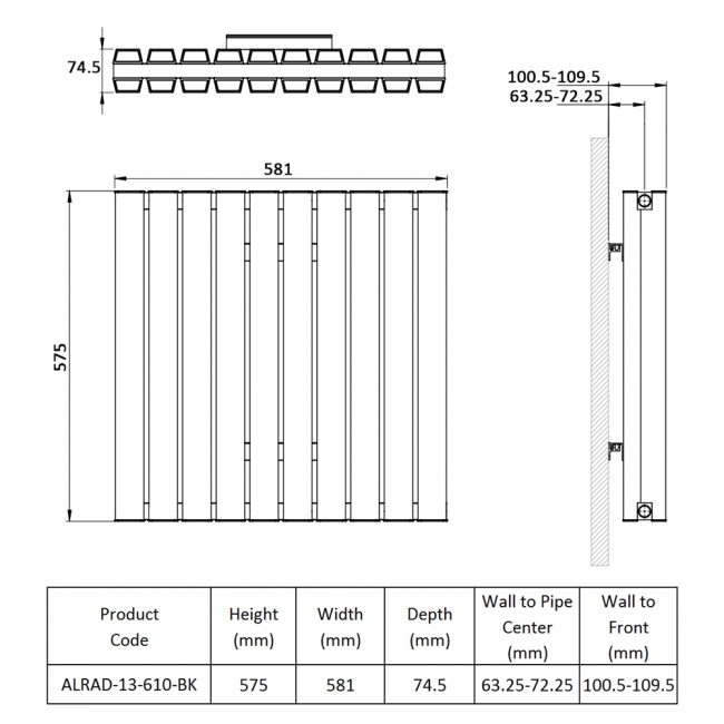 Prestige Hamilton Double Horizontal Aluminium Radiator 575mm H x 581mm W - Black  | Dimension Image