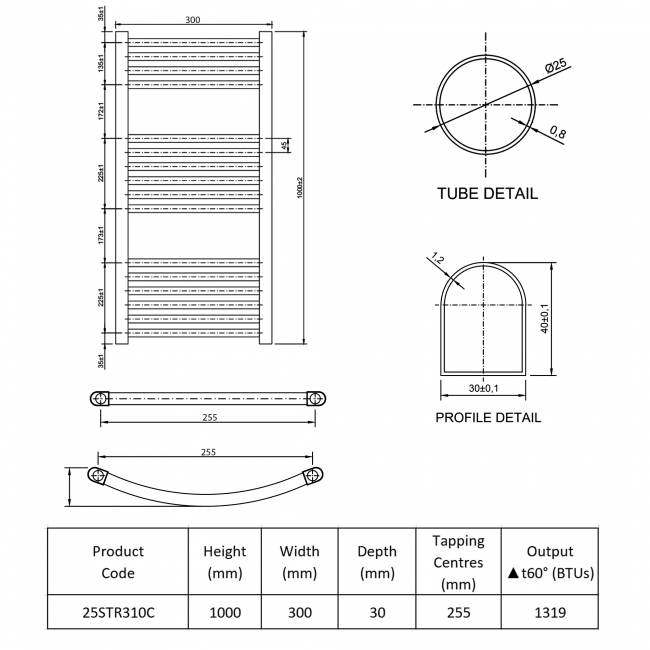Prestige K-Rail Premium Straight Towel Rail 1000mm H x 300mm W - Chrome