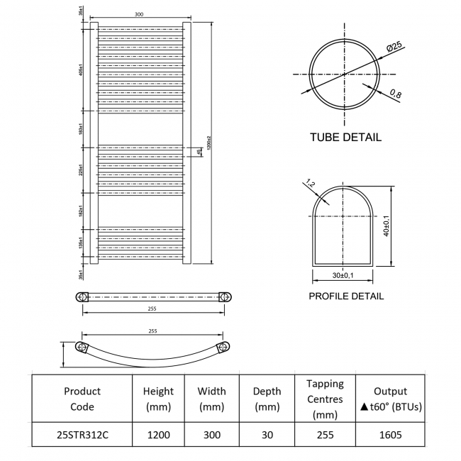 Prestige K-Rail Premium Straight Towel Rail 1200mm H x 300mm W - Chrome
