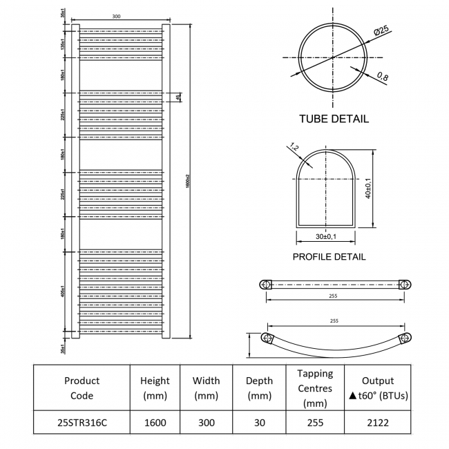 Prestige K-Rail Premium Straight Towel Rail 1600mm H x 300mm W - Chrome