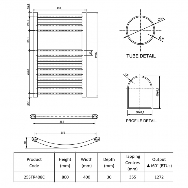 Prestige K-Rail Premium Straight Towel Rail 800mm H x 400mm W - Chrome  | Dimension Image