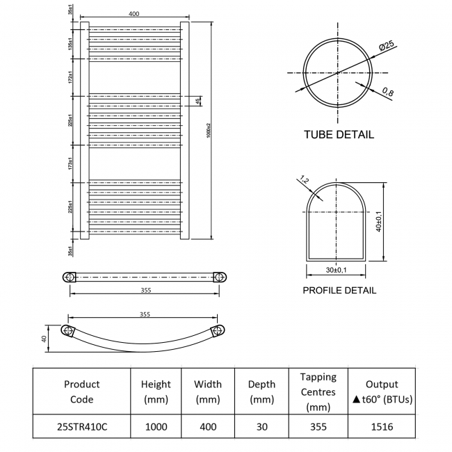 Prestige K-Rail Premium Straight Towel Rail 1000mm H x 400mm W - Chrome  | Dimension Image