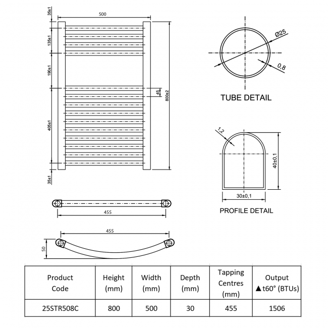 Prestige K-Rail Premium Straight Towel Rail 800mm H x 500mm W - Chrome