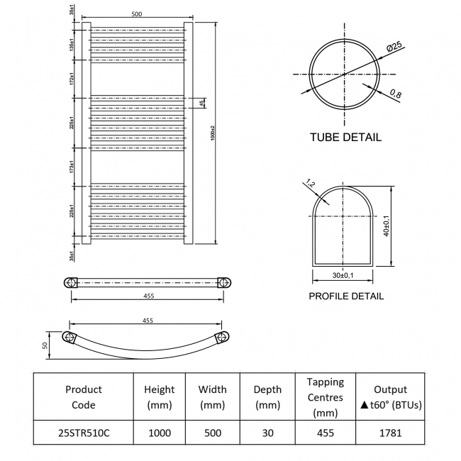 Prestige K-Rail Premium Straight Towel Rail 1000mm H x 500mm W - Chrome  | Dimension Image