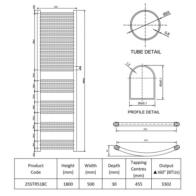 Prestige K-Rail Premium Straight Towel Rail 1800mm H x 500mm W - Chrome  | Dimension Image
