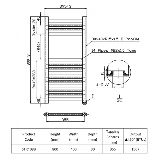 Prestige K-Rail Straight Heated Towel Rail 800mm H x 400mm W - Black