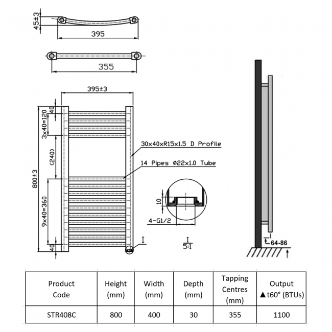 Prestige K-Rail Straight Heated Towel Rail 800mm H x 400mm W Chrome