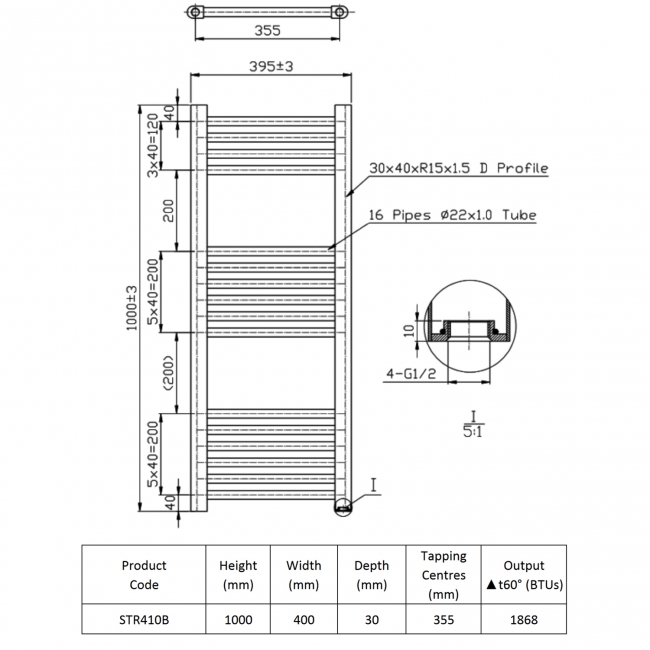 Prestige K-Rail Straight Heated Towel Rail 1000mm H x 400mm W - Black