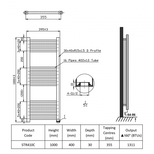 Prestige K-Rail Straight Heated Towel Rail 1000mm H x 400mm W Chrome