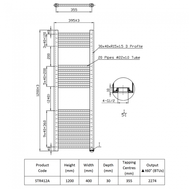 Prestige K-Rail Straight Heated Towel Rail 1200mm H x 400mm W - Anthracite