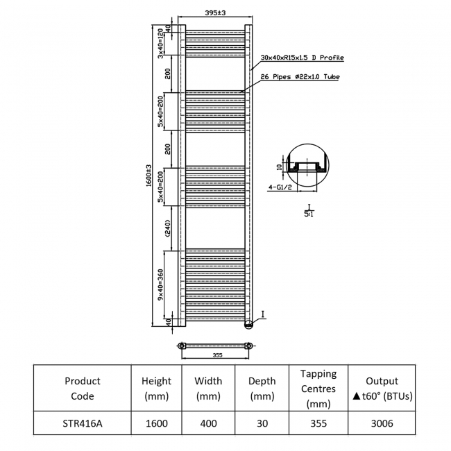 Prestige K-Rail Straight Heated Towel Rail 1600mm H x 400mm W - Anthracite