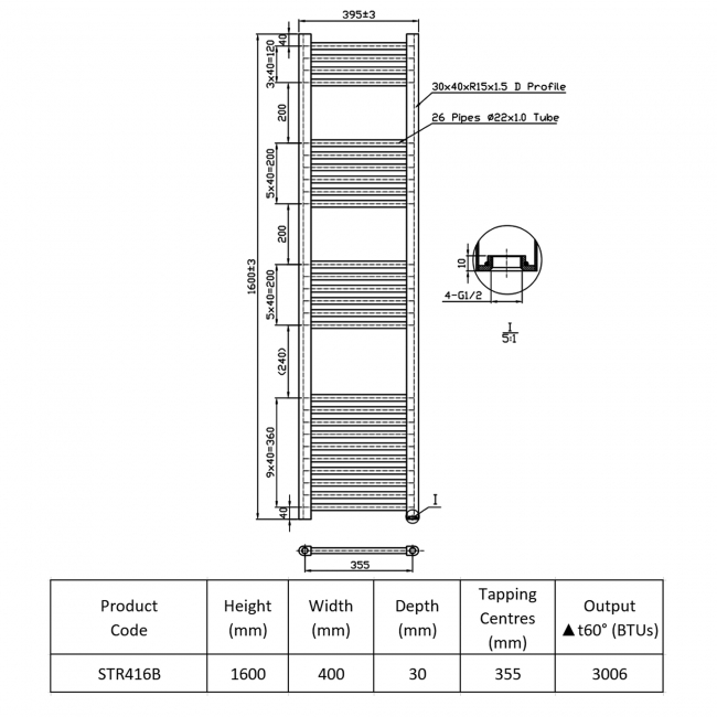 Prestige K-Rail Straight Heated Towel Rail 1600mm H x 400mm W - Black