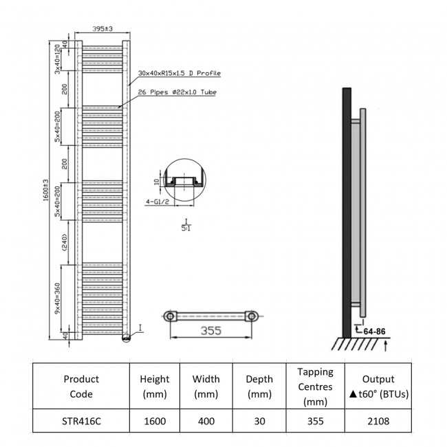 Prestige K-Rail Straight Heated Towel Rail 1600mm H x 400mm W Chrome