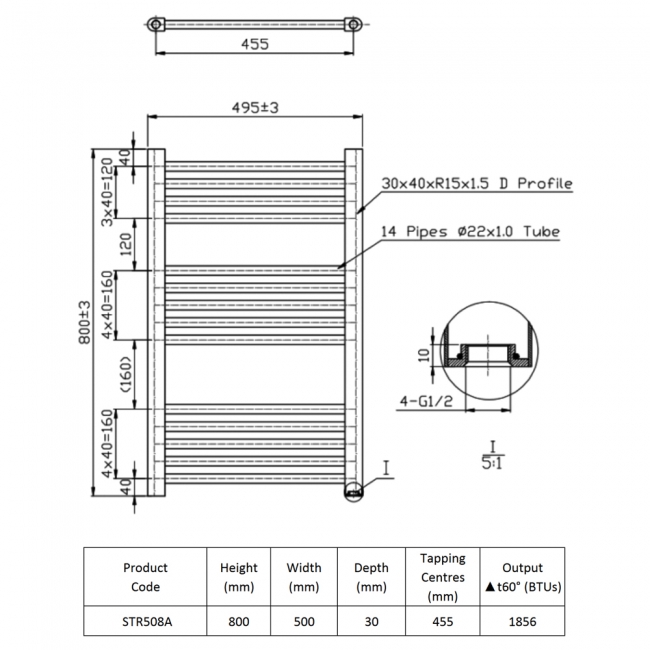 Prestige K-Rail Straight Heated Towel Rail 800mm H x 500mm W - Anthracite