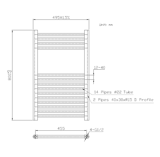 Prestige K-Rail Straight Heated Towel Rail 800mm H x 500mm W - Anthracite  | Dimension Image