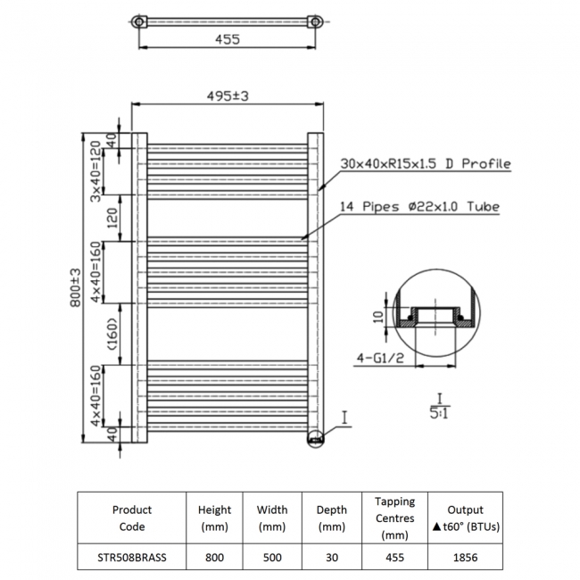 Prestige K-Rail Straight Heated Towel Rail 800mm H x 500mm W - Brushed Brass